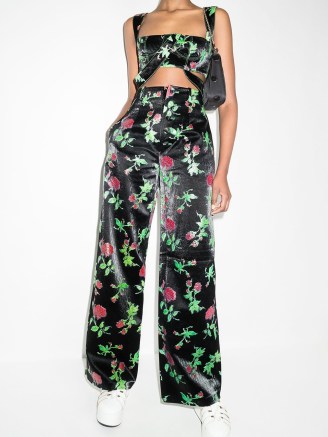 yuhan wang rose-print wide-leg trousers / women’s high shine floral pants - flipped