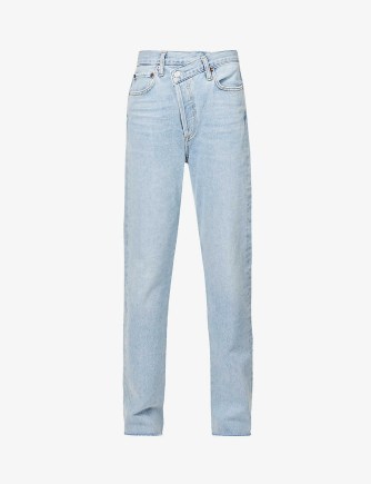 AGOLDE Criss Cross straight-leg high-rise organic-cotton jeans in Dimension | women’s casual denim fashion | asymmetric button fastening | crossover waistband