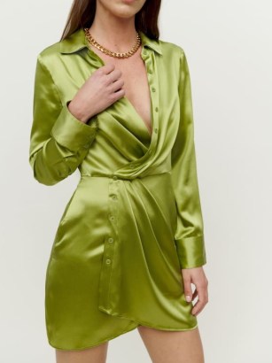 REFORMATION Alaine Dress in Avocado ~ green faux wrap mini dresses ~ lightweight silk charmeuse evening fashion ~ glamorous party clothing - flipped