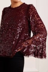 needle & thread AMALIE SEQUIN TOP / burgundy sequinned sheer fluted sleeved tops / women’s shimmering sequin covered occasion clothes - flipped
