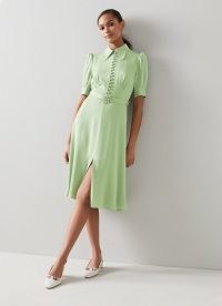 L.K. BENNETT AMOR GREEN SATIN CREPE CRYSTAL BELT DRESS ~ luxe 30s vintage style dresses ~ women’s retro inspired clothing