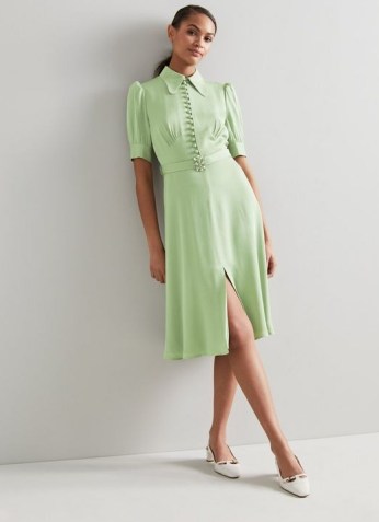 L.K. BENNETT AMOR GREEN SATIN CREPE CRYSTAL BELT DRESS ~ luxe 30s vintage style dresses ~ women’s retro inspired clothing - flipped