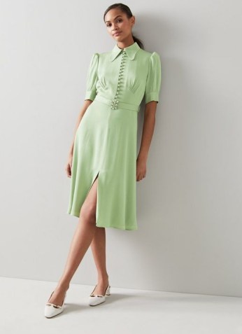 L.K. BENNETT AMOR GREEN SATIN CREPE CRYSTAL BELT DRESS ~ luxe 30s vintage style dresses ~ women’s retro inspired clothing