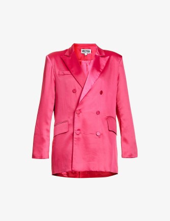 AMY LYNN Mira double-breasted crepe-satin blazer – womens pink padded shoulder blazers – women’s bright jackets - flipped
