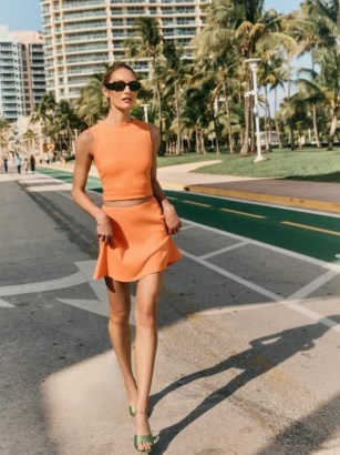 Reformation Andres Two Piece in Tangerine | orange rib knit sleeveless top and mini skirt fashion set | women’s on-trend clothes | womens bright tops and skirts | clothing co-ords