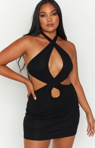 BEGINNING BOUTIQUE Aubrielle Black Cut Out Mini Dress – summer music festival dresses – cutout fashion – womens on-trend halterneck cut out clothing