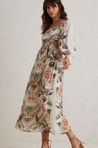 ANTHROPOLOGIE Printed Cut Out Maxi Dress / floral balloon sleeve cutout dresses / feminine fashion