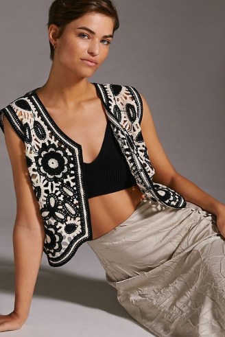 Anthropologie Floral Crochet Vest Black Motif / monochrome knitted vests