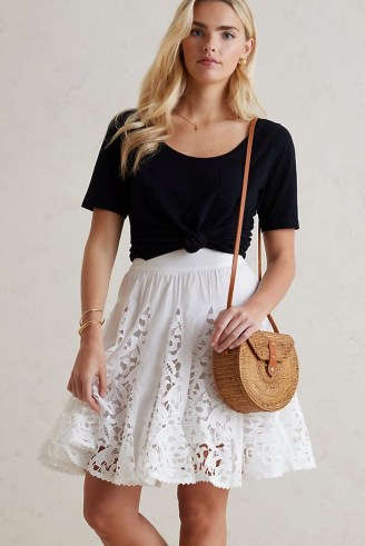Bl-nk Structured Lace Mini Skirt / white cotton floral cut out skirts / full falred hem / women’s flowy fashion / womens summer clothing