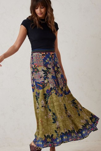 Bhanuni By Jyoti Floral Maxi Skirt Green / women’s long length boho skirts / bohemian style clothing - flipped