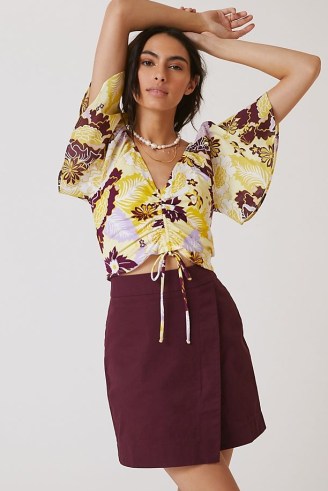 Maeve Cinched Flutter-Sleeve Top Yellow Motif / floral cropped front ruched angel sleeved tops / crop hem clothing