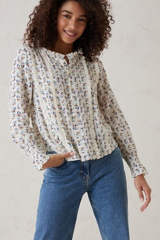 Anthropologie Ditsy Print Blouse in Ivory / floral ruffle trim cotton blouses / women’s frill trimmed clothing / feminine fashion - flipped
