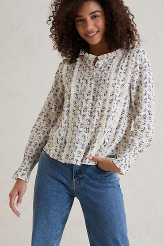 Anthropologie Ditsy Print Blouse in Ivory / floral ruffle trim cotton blouses / women’s frill trimmed clothing / feminine fashion