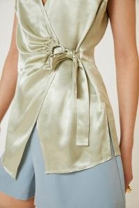 ANTHROPOLOGIE Iridescent Wrap Vest Mint ~ sleeveless green satin look tops ~ women’s asymmetric tie waist vests
