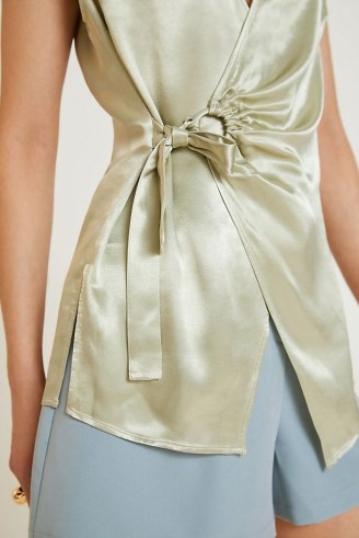 ANTHROPOLOGIE Iridescent Wrap Vest Mint ~ sleeveless green satin look tops ~ women’s asymmetric tie waist vests - flipped