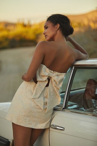 ANTHROPOLOGIE Textured Shift Mini Dress Ivory ~ strapless back bow detail evening dresses ~ glamorous bandeau party fashion