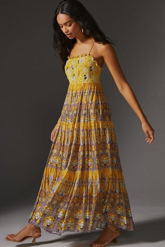Bhanuni by Jyoti Printed Jacquard Maxi Dress in Yellow / floaty mixed print cami strap dresses - flipped