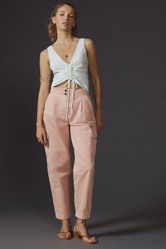 Pilcro Pleated Cargo Trousers in Pink ~ women’s casual cotton summer clothing ~ womens side pocket detail pants - flipped