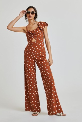 Maeve One-Shoulder Jumpsuit in Bronze ~ brown polka dot jumpsuits ~ ruffled asymmetric neckline ~ womens spot print summer clothing - flipped