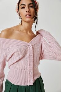 Maeve Raschelle Cashmere Cardigan ~ pink bardot cardigans ~ off the shoulder knitwear