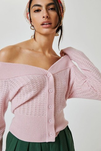 Maeve Raschelle Cashmere Cardigan ~ pink bardot cardigans ~ off the shoulder knitwear