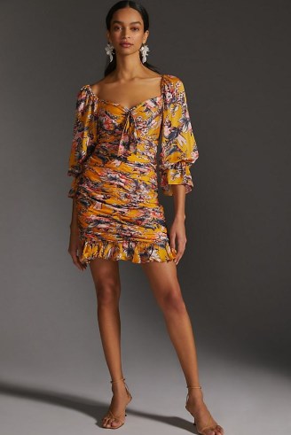 Ranna Gill Ruched Floral Mini Dress Yellow Motif – ruffled sweetheart neckline evening dresses
