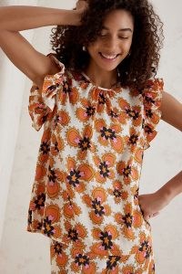 Stella Nova Bolette Printed Blouse – floral ruffled shoulder retro print tops – sleeveless ruffle trim blouses