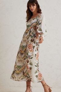 ANTHROPOLOGIE Printed Cut Out Maxi Dress / floral print balloon sleeved side cutout dresses