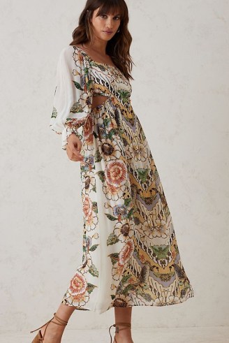 ANTHROPOLOGIE Printed Cut Out Maxi Dress / floral print balloon sleeved side cutout dresses - flipped