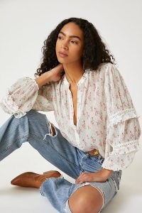 ANTHROPOLOGIE Rose Printed Pleated Blouse Ivory / floral ruffle sleeved blouses