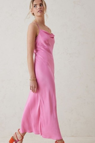 Bl-nk Aliana Satin Slip Dress ~ pink bias cut cami shoulder strap dresses ~ draped cowl neck ~ feminine fluid fabric ankle length clothes