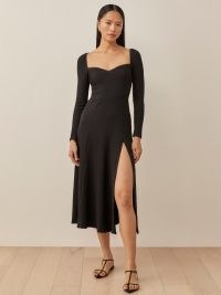Reformation Banks Dress in Black | long sleeved sweetheart neckline dresses | thigh high split hem fashion