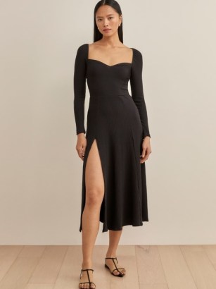 Reformation Banks Dress in Black | long sleeved sweetheart neckline dresses | thigh high split hem fashion - flipped