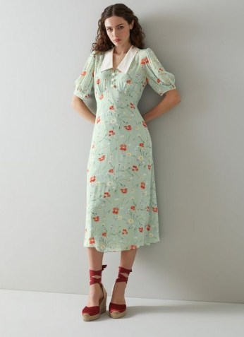L.K. BENNETT BEECHAM MINT WILD POPPY PRINT MIDI DRESS ~ green floral vintage style dresses ~ women’s retro inspired clothing