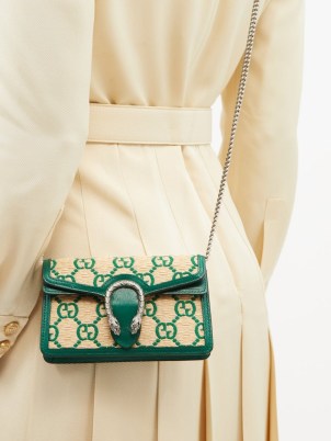 GUCCI Dionysus super mini faux raffia cross-body bag ~ green and beige crossbody bags - flipped
