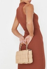 Missguided beige faux leather padded shoulder bag | woven chunky chain strap bags | on-trend fashion handbags