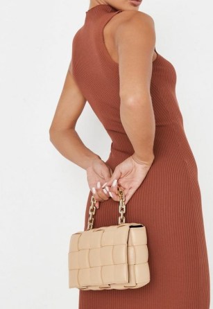 Missguided beige faux leather padded shoulder bag | woven chunky chain strap bags | on-trend fashion handbags