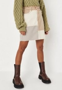 Missguided beige frayed patchwork denim mini skirt | women’s colour block skirts