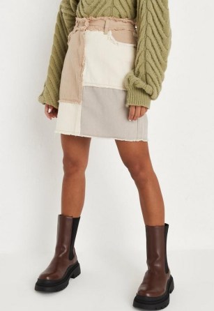 Missguided beige frayed patchwork denim mini skirt | women’s colour block skirts - flipped