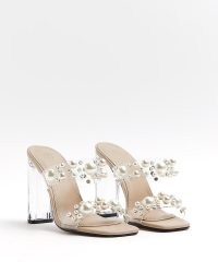 RIVER ISLAND BEIGE PEARL PERSPEX HEELED MULES ~ clear high heel evening sandals ~ square toe party shoes