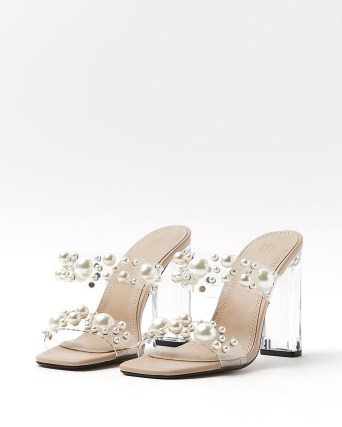 RIVER ISLAND BEIGE PEARL PERSPEX HEELED MULES ~ clear high heel evening sandals ~ square toe party shoes - flipped