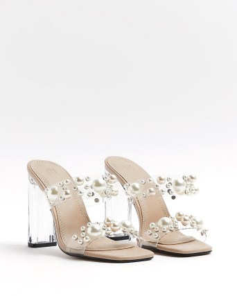 RIVER ISLAND BEIGE PEARL PERSPEX HEELED MULES ~ clear high heel evening sandals ~ square toe party shoes
