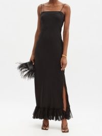 KHAITE Alix side-slit silk-chiffon slip dress ~ black cami strap event dresses ~ double spaghetti straps ~ feminine evening dresses ~ ruffled hem maxi