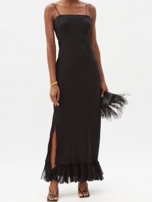 KHAITE Alix side-slit silk-chiffon slip dress ~ black cami strap event dresses ~ double spaghetti straps ~ feminine evening dresses ~ ruffled hem maxi - flipped