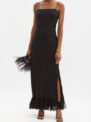 KHAITE Alix side-slit silk-chiffon slip dress ~ black cami strap event dresses ~ double spaghetti straps ~ feminine evening dresses ~ ruffled hem maxi