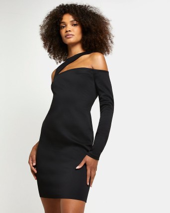 RIVER ISLAND BLACK ASYMMETRIC BODYCON MINI DRESS ~ one sleeve LBD ~ cut out evening dresses ~ women’s on-trend party fashion