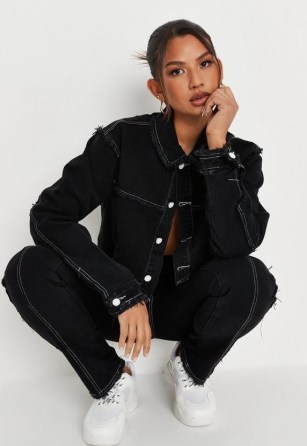 Missguided black co ord wrath contrast stitch denim jacket | womens frayed edge jackets | women’s casual raw hem outerwear - flipped