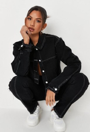 Missguided black co ord wrath contrast stitch denim jacket | womens frayed edge jackets | women’s casual raw hem outerwear
