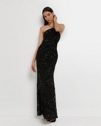 River Island BLACK SEQUIN HALTER NECK MAXI DRESS | glamorous long length halterneck evening dresses | sequinned occasion fashion | women’s glittering party clothes - flipped