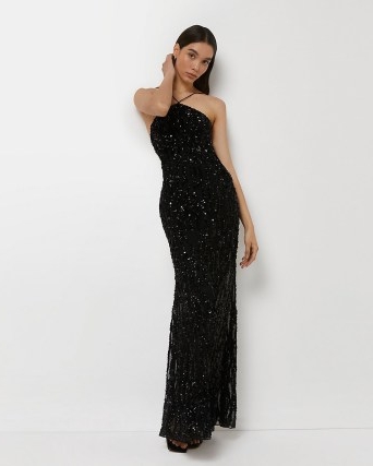 River Island BLACK SEQUIN HALTER NECK MAXI DRESS | glamorous long length halterneck evening dresses | sequinned occasion fashion | women’s glittering party clothes